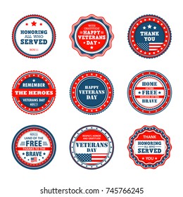 Set of badges to Veterans Day in America. Vector icons of veterans day, 11th November in USA. Collection of patriotic labels, emblems for national celebration, memorial day
