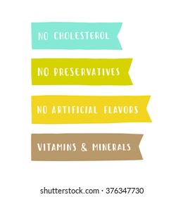 Set of badges: vitamins and minerals, no cholesterol, preservatives, artificial flavors. Vector hand dawn illustration