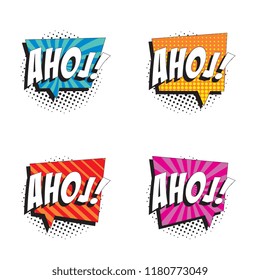 set of badges with word ahoj ('hello' in czech) in retro comic speech bubble with strong shadow and halftone dotted shadows on white background