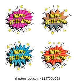 set of badges with words happy eid al-adha in colorful retro comic speech bubble with halftone dotted shadow on white background. islamic holiday vector pop art illustration