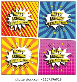 set of badges with words happy krishna janmashtami in retro comic speech bubble with halftone dotted shadow on colorful background. hindu festival vector pop art illustration