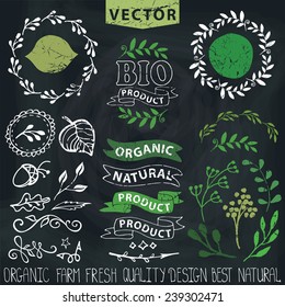 Set of badges,labels,logo,floral elements,wreaths and laurels.Organic,bio,natural design template.Hand drawing painting.Vintage vector,green colors.Logo maker.Chalkboard background