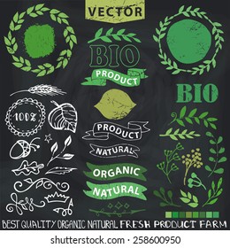 Set of badges,labels,logo,floral elements,wreaths and laurels.Organic,bio,natural design template.Hand drawing painting.Vintage vector,green colors.Logo maker.Chalkboard background