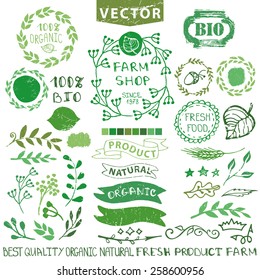 Set of badges,labels,logo,floral elements,wreaths and laurels.Organic,bio,natural design template.Hand drawing painting.Vintage vector.Green Logotype maker