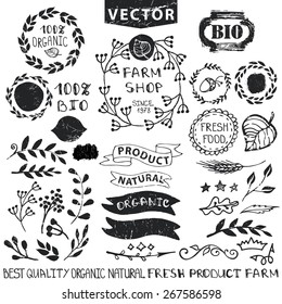 Set of badges,labels,logo,floral elements,wreaths and laurels.Organic,bio,natural design template.Hand drawing painting.Vintage silhouette vector,ink sketch.Logo maker,lettering.