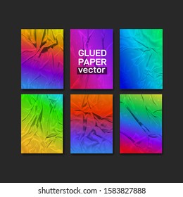 Set of badly glued colored paper. Crumpled poster. Graphics can be applied to any objects with a blending mode for the effect of crumpled wet paper. Vector illustration. Isolated on grey background.