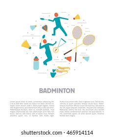 Set of badminton accessories and sport games inventory in flat style. Vector illustration. Brochure template.