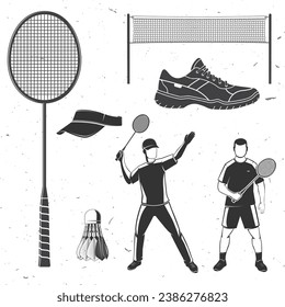 Juego de silueta de iconos de equipos de bádminton. El conjunto incluye raquetas, lanzadera, jugador de bádminton, zapatos deportivos y silueta de redes deportivas. Ilustración del vector