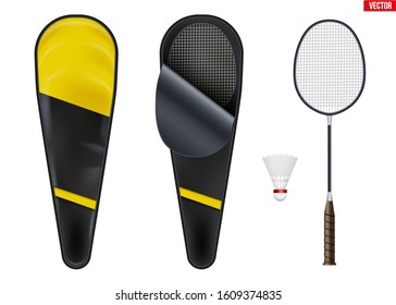 Set of badminton equipment. Racket with case. Badminton Racket in case. Editable Vector Illustration isolated on white background.