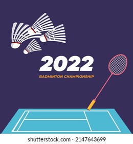 Set of Badminton equipment. Racket, shuttlecock and court. Flat vector illustration isolated on blue navy background.