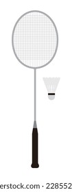 A set of badminton equipment rackets and shuttlecock illustrations. Badminton is a sport in which a shuttlecock is hit with a racket across a mat.