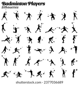 Set of badminton players vector silhouettes.