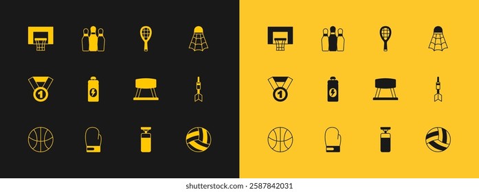 Set Badminton shuttlecock, Boxing glove, Pommel horse, Punching bag, Fitness shaker, Tennis racket, Basketball backboard and Bowling pin icon. Vector