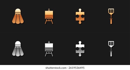Set Badminton shuttlecock, Easel or painting art boards, Piece of puzzle and Spatula icon. Vector