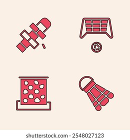 Set Badminton shuttlecock, Hopscotch, Soccer goal with ball and Climbing wall icon. Vector