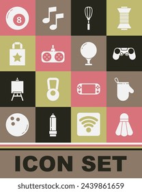 Set Badminton shuttlecock, Oven glove, Gamepad, Kitchen whisk, Paper shopping bag, Billiard pool snooker ball and Golf tee icon. Vector