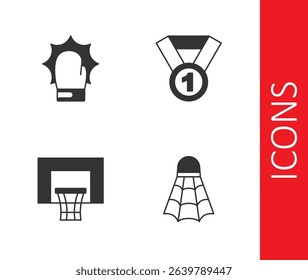 Set Badminton shuttlecock, Punch boxing gloves, Basketball backboard and Medal icon. Vector