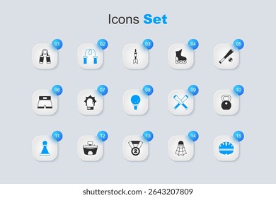 Set Badminton shuttlecock, Punch boxing gloves, Jump rope, Chess, Bicycle helmet, Weight, Sport expander and Golf ball tee icon. Vector
