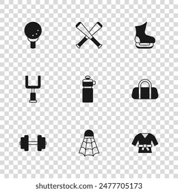 Set Badminton shuttlecock, Sport bag, Kimono, Fitness shaker, Skates, Golf ball tee, Crossed baseball bat and American football goal post icon. Vector