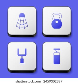 Set Badminton shuttlecock, Weight, American football goal post and Punching bag icon. White square button. Vector