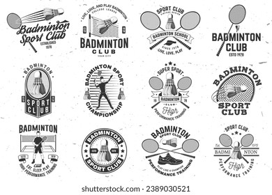 Set of badminton sport badge, patch, emblem, logo. Vector illustration. Vintage badminton label with racket, player and shuttlecock silhouettes. Concept for shirt or logo, print, stamp or tee