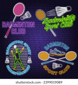 Set of badminton sport neon emblem. Vector illustration. Vintage badminton label with racket, player and shuttlecock silhouettes. Concept for shirt or logo, print, stamp or tee