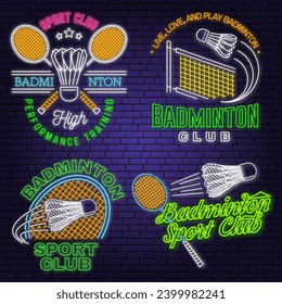 Set of Badminton sport neon emblem. Vector illustration. Vintage badminton label with racket and shuttlecock silhouettes. Concept for web banner, nightly advertising