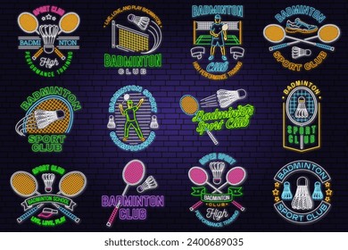 Set of Badminton sport neon emblem. Vector illustration. Vintage badminton label with racket and shuttlecock silhouettes. Concept for web banner, nightly advertising