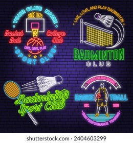 Set of Badminton sport neon emblem. Vector illustration. Vintage badminton label with racket and shuttlecock silhouettes. Concept for web banner, nightly advertising