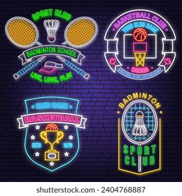 Set of Badminton sport neon emblem. Vector illustration. Vintage badminton label with racket and shuttlecock silhouettes. Concept for web banner, nightly advertising