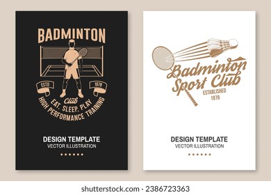 Set of badminton sport vintage flyer, poster design. Vector. Editable template with badminton racket, player and shuttlecock silhouettes. Badminton tournament posters for sports competition.