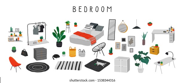 Set for badroom with stylish comfy furniture and modern home decorations in trendy Scandinavian or hygge style. Cozy Interior furnished home plants for sleeping. Flat cartoon vector illustration