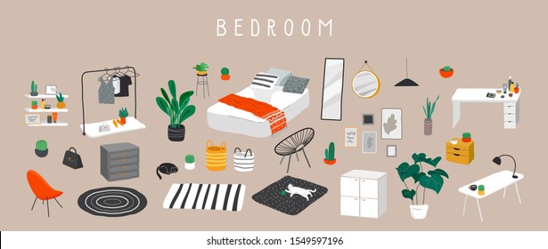 Set for badroom with stylish comfy furniture and modern home decorations in trendy Scandinavian or hygge style. Cozy Interior furnished home plants for sleeping. Flat cartoon vector illustration