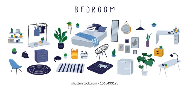 Set for badroom with stylish comfy furniture and modern home decorations in trendy Scandinavian or hygge style. Cozy Interior furnished home plants for sleeping. Flat cartoon vector illustration