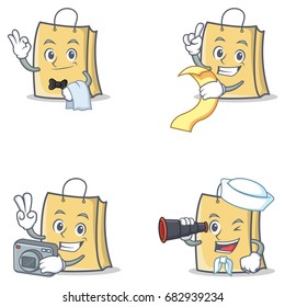 Set of bag character with waiter menu photo binocular
