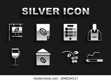 Set Bag of coffee beans, Barista, Cigarette, Coffee bean, branch, Irish, menu, Street signboard and poster icon. Vector