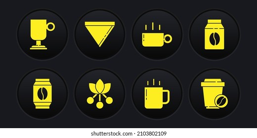 Set Bag of coffee beans, Coffee bean, branch, cup, paper filter, to go and Irish icon. Vector