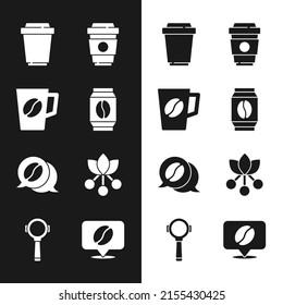 Set Bag of coffee beans, Coffee cup, to go, and conversation, bean, branch, Location with and filter holder icon. Vector