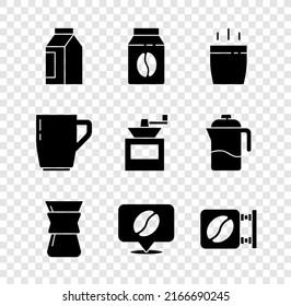 Set Bag of coffee beans, Coffee cup, Pour over maker, Location with, Street signboard,  and Manual grinder icon. Vector