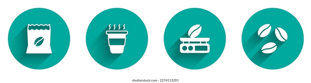 Set Bag of coffee beans, Coffee cup to go, Electronic scales and  icon with long shadow. Vector