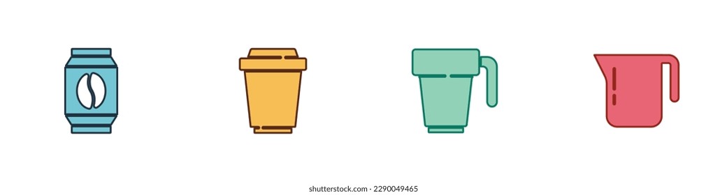 Set Bag of coffee beans, Coffee cup to go,  and pot icon. Vector