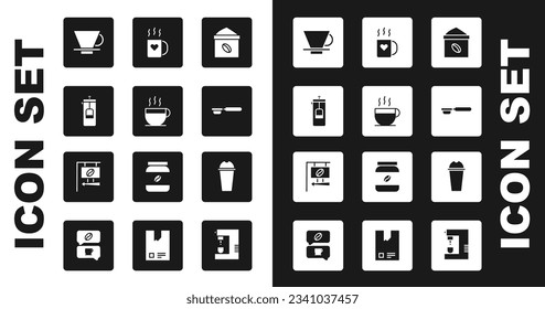 Set Bag of coffee beans, Coffee cup, French press, V60 maker, filter holder, and heart, Milkshake and Street signboard icon. Vector
