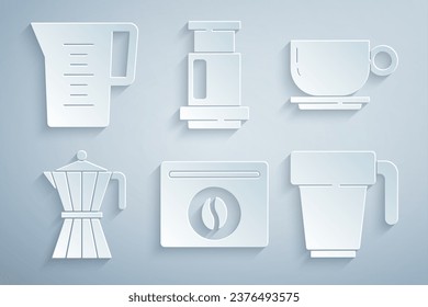 Set Bag of coffee beans, Coffee cup, moca pot, Aeropress and Jug glass with water icon. Vector