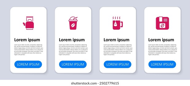 Set Bolsa de granos de café, taza de té con bolsa, helado y mango de caldera. Plantilla de infografía de negocios. Vector