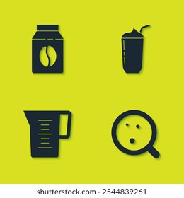 Set Bag of coffee beans, Coffee cup, Jug glass with water and Milkshake icon. Vector