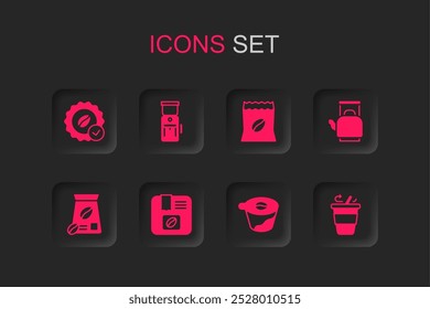 Set Bag of coffee beans, Electric grinder, Medal for, Pour over maker, Kettle with handle, Coffee cup to go,  and  icon. Vector