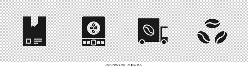 Set Bag of coffee beans, Electronic scales, Coffee street truck machine and  icon. Vector