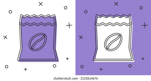 Set Bag of coffee beans icon isolated on white and purple background.  Vector