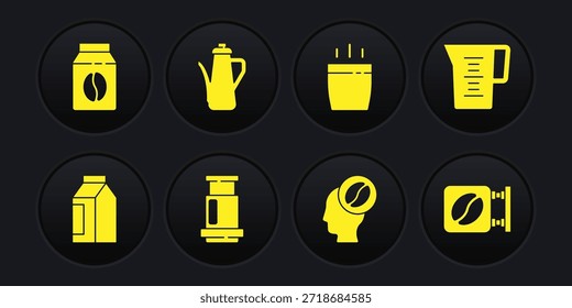 Set Bolsa de granos de café, jarra de vidrio con agua, Aeropress, Barista, taza de café, tetera, letrero de la calle e icono. Vector