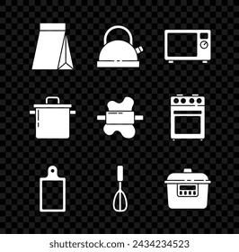 Set Bag of coffee beans, Kettle with handle, Microwave oven, Cutting board, Kitchen whisk, Slow cooker, Cooking pot and Rolling pin on dough icon. Vector
